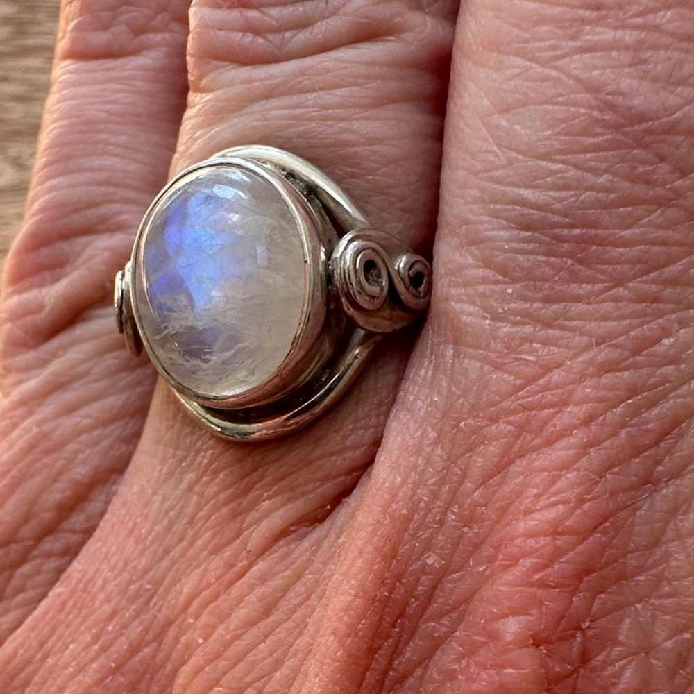 Sterling Silver Moonstone Statement Ring - White/Blue Iridescence